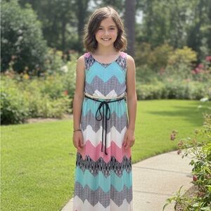 Three Hearts Girls' Chevron Maxi Dress in Aqua, Pink, White and Gray